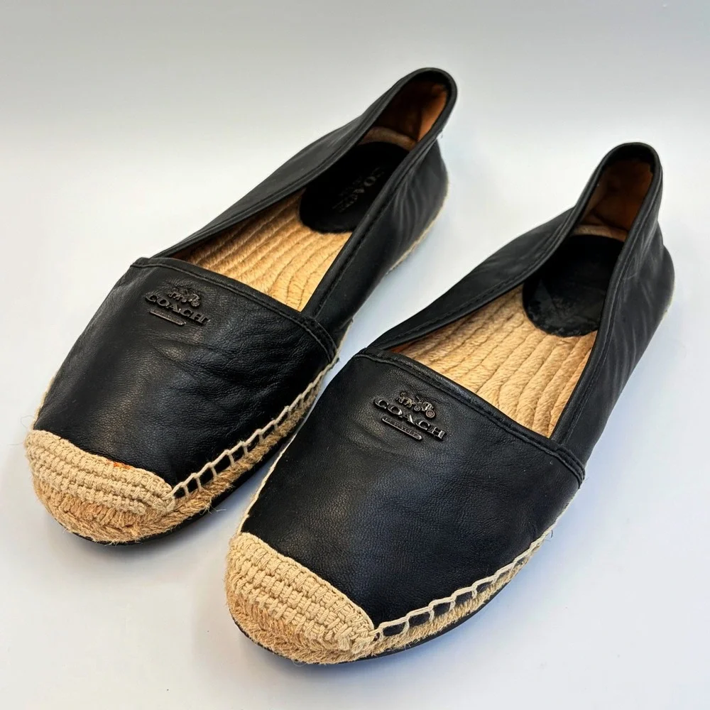 Coach Rhodelle Black Leather Soft Lambskin Espadrilles Woven Flats Womens 8B